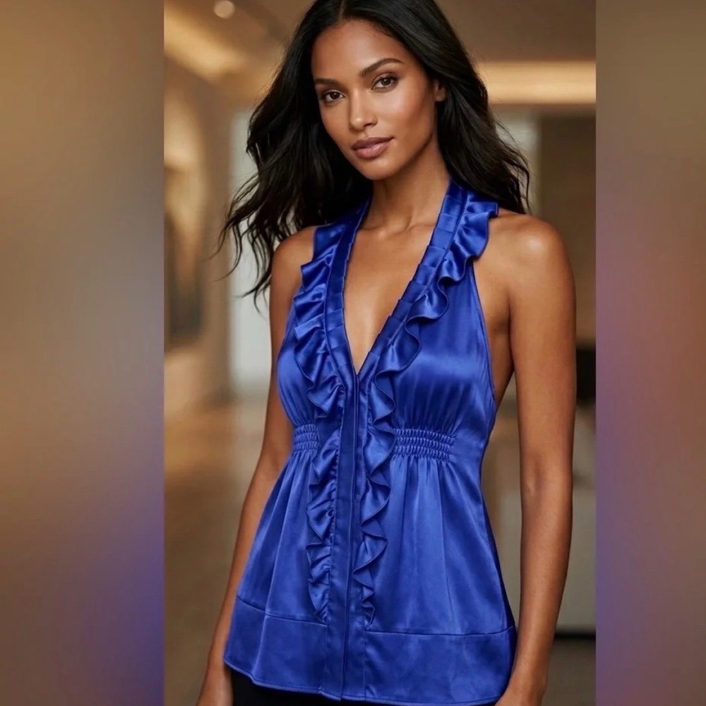 BCBC Max Azria Blue Silk Satin Ruffle Halter Top Small Y2K Regency Elegant Glam